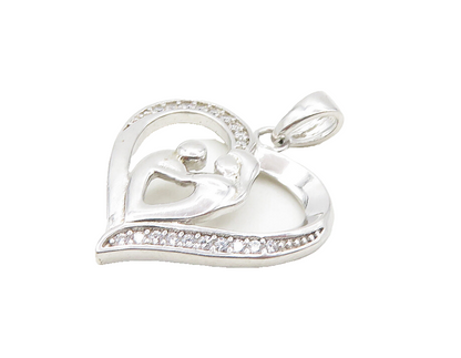 925 Sterling Silver  Cubic Zirconia Mom & Baby Love Heart Pendant  PT15158