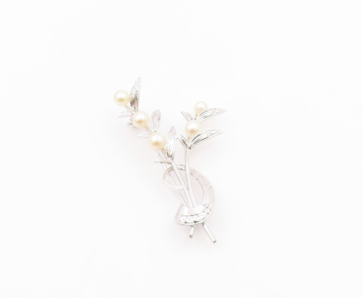 925 Sterling Silver  Vintage Cultured Pearls Leaf Stem Brooch Pin  BP9364