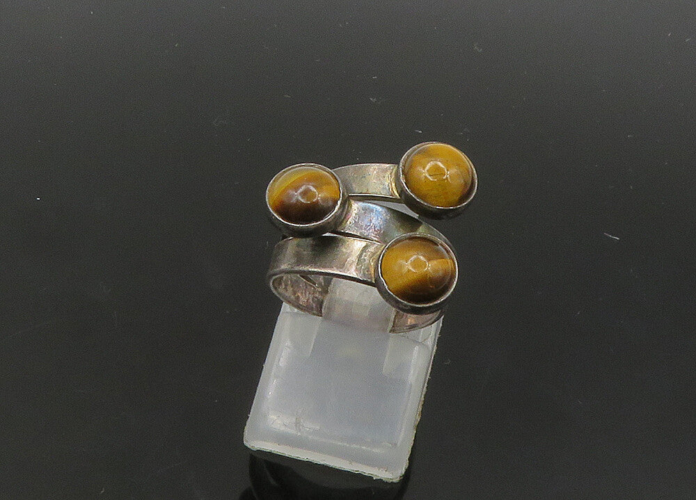 ISRAEL 925 Silver  Vintage Cabochon Cut Tiger's Eye Band Ring Sz 5  RG21739