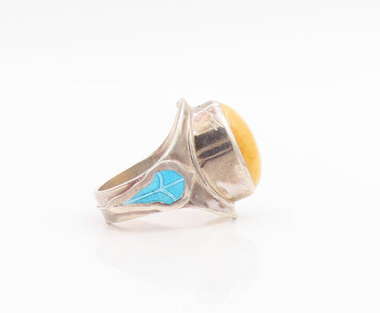 925 Sterling Silver Vintage Ring Oval Gemstone Enameled leaf Band Sz 7.5 RG33802