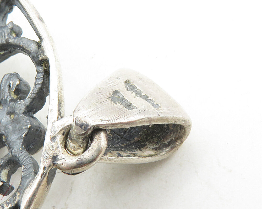 MEXICO 925 Sterling Silver  Vintage Dark Tone Blooming Flowers Pendant  PT7932