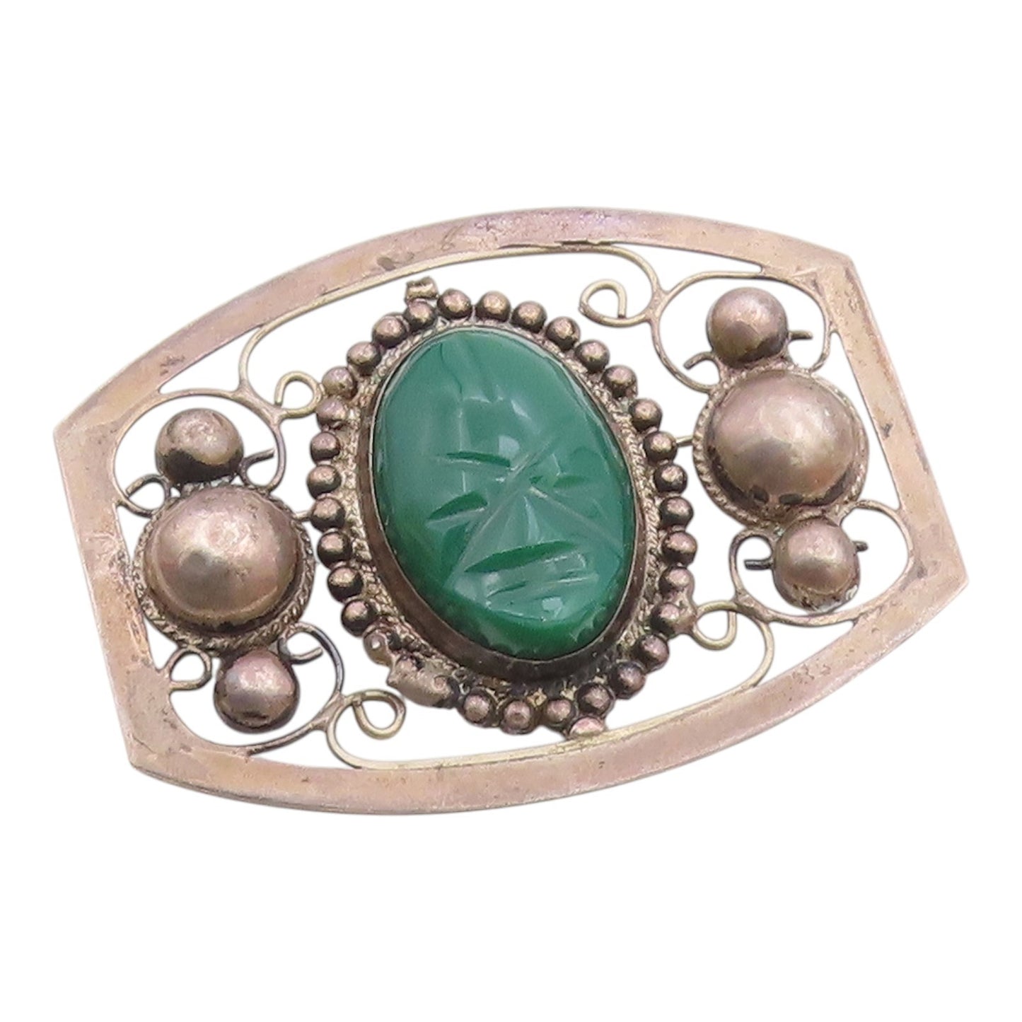 MEXICO 925 Silver  Vintage Antique Face Carved Jade Swirl Brooch Pin  BP4318