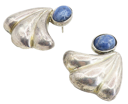 925 Sterling Silver   Vintage Cabochon Sodalite Fluted Drop Earrings  EG4385