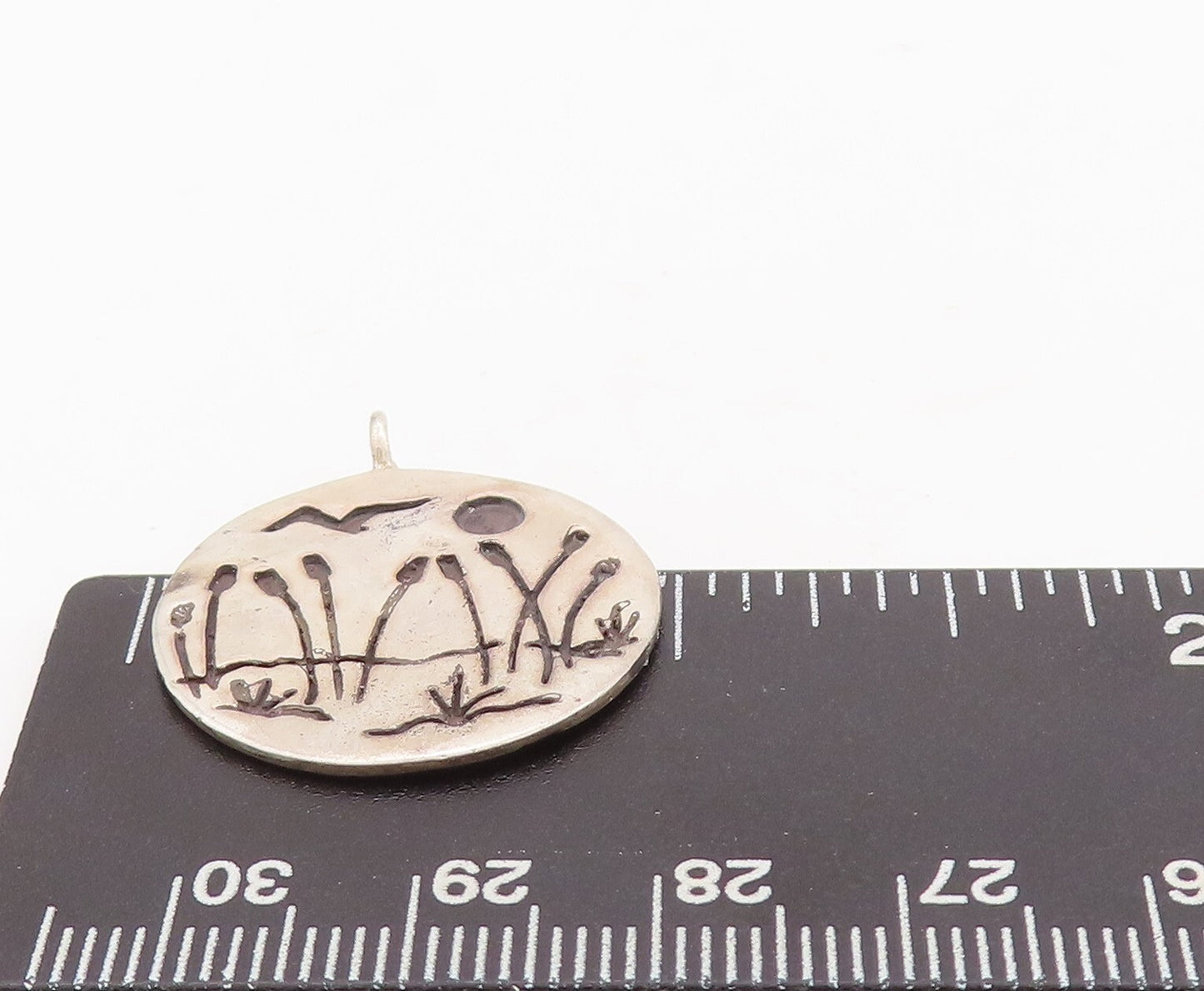 925 Sterling Silver Vintage Pendant Circular Slab Etched Landscape PT23471