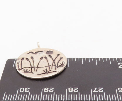 925 Sterling Silver Vintage Pendant Circular Slab Etched Landscape PT23471