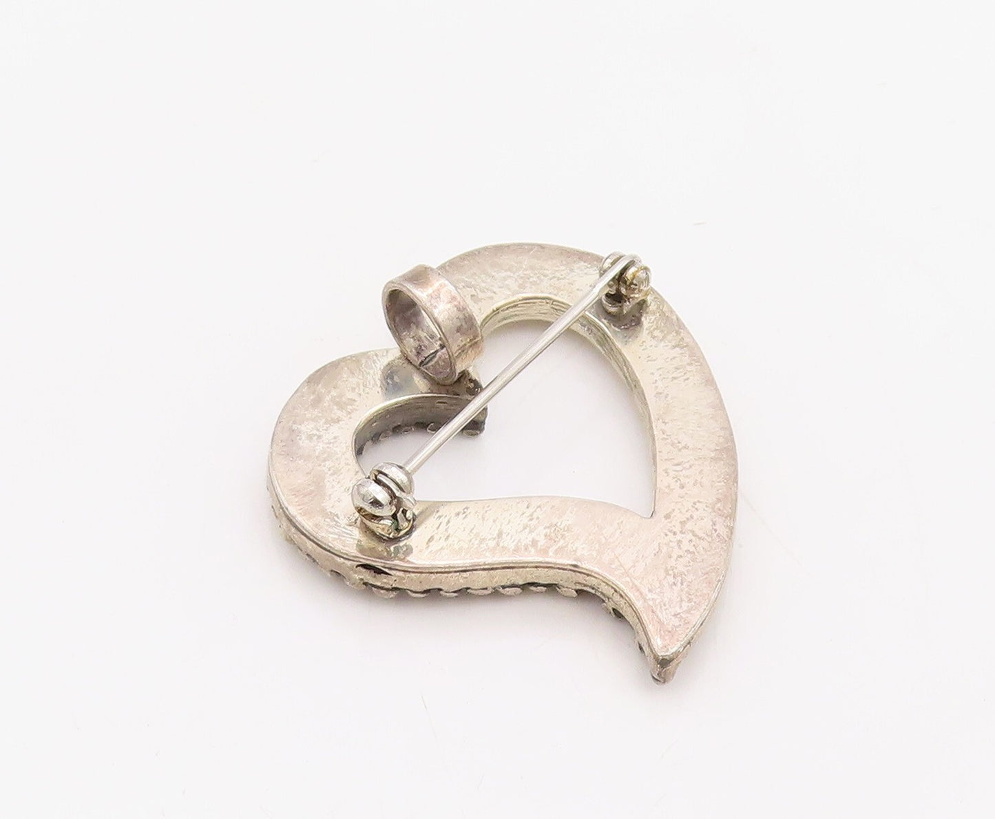 925 Sterling Silver Vintage Brooch Pin Bead Carved Cutout Love Heart  BP11245