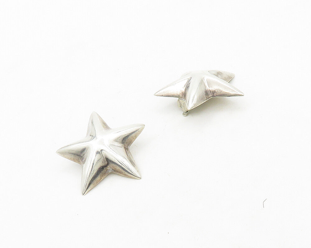MEXICO 925 Sterling Silver  Vintage Shiny Star Motif Non Pierce Earrings  EG9743