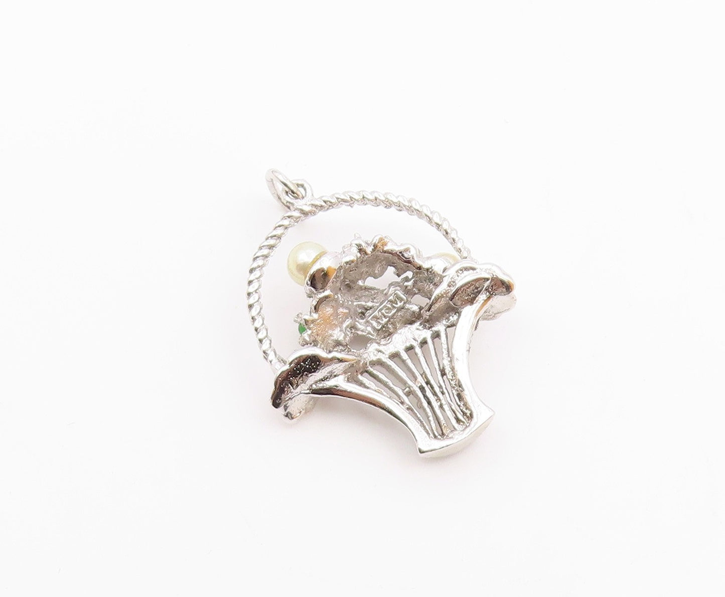 925 Silver Vintage Petite Pearls & Multi Stone Flower Basket Pendant PT18920
