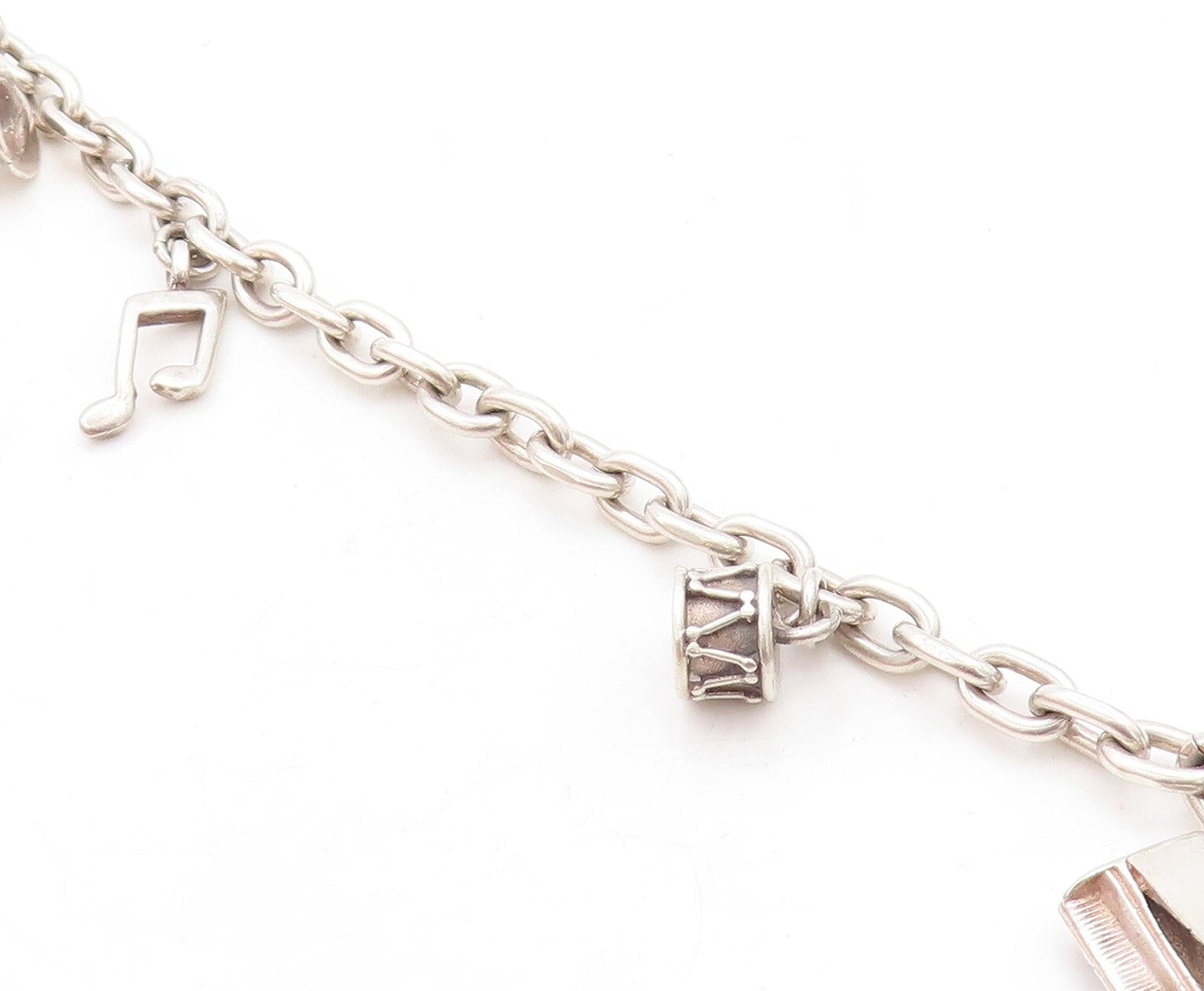 925 Sterling Silver  Vintage Musical Instrument Charmed Chain Bracelet  BT1973