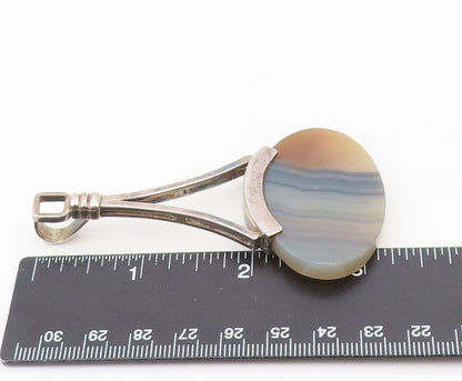 925 Sterling Silver  Vintage Open Triangle Oval Agate Pendant  PT21014