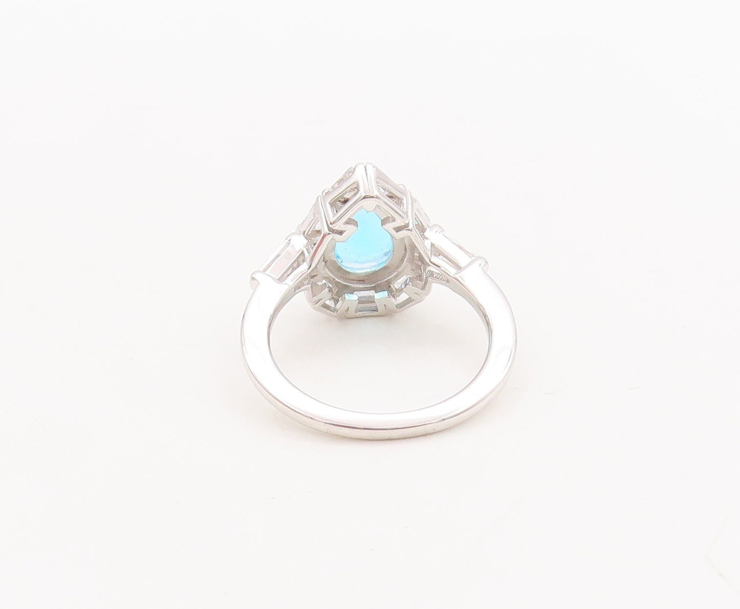 925 Sterling Silver Vintage Ring Drop Cut Blue Topaz Halo CZ  Sz 7  RG29649