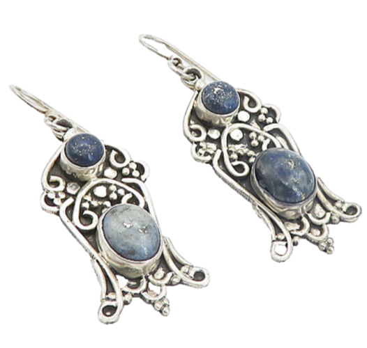 925 Sterling Silver  Vintage Cabochon Cut Lapis Lazuli Dangle Earrings  EG3445