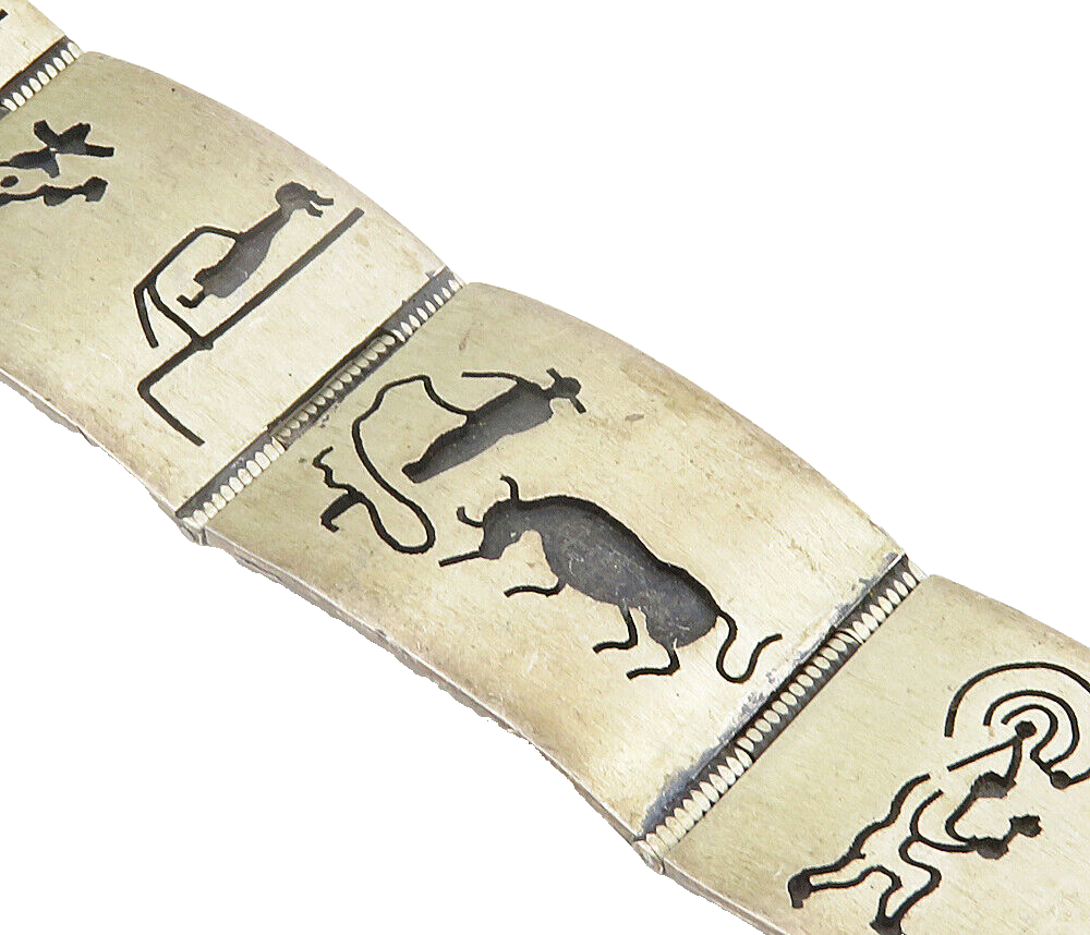MEXICO 925 Silver  Vintage Oxidized Storyteller Panel Chain Bracelet  BT3475