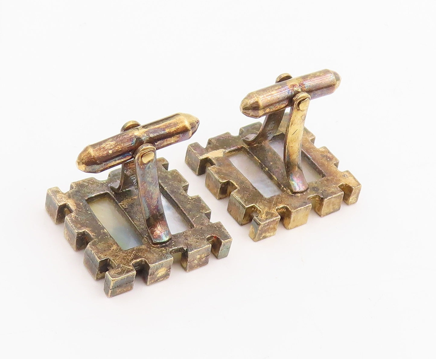925 Sterling Silver Vintage Cuff Links Mother Of Pearl Checkerboard Pair TR4056