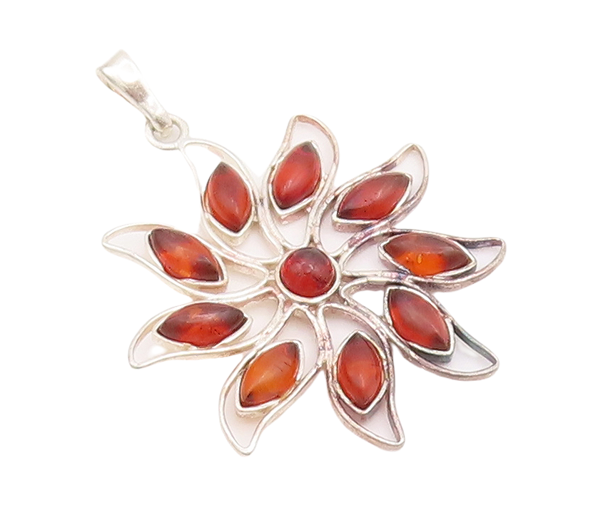 925 Sterling Silver Vintage Pendant Cutout Cabochon Amber Flower  PT23405