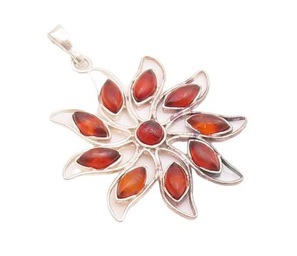 925 Sterling Silver Vintage Pendant Cutout Cabochon Amber Flower  PT23405