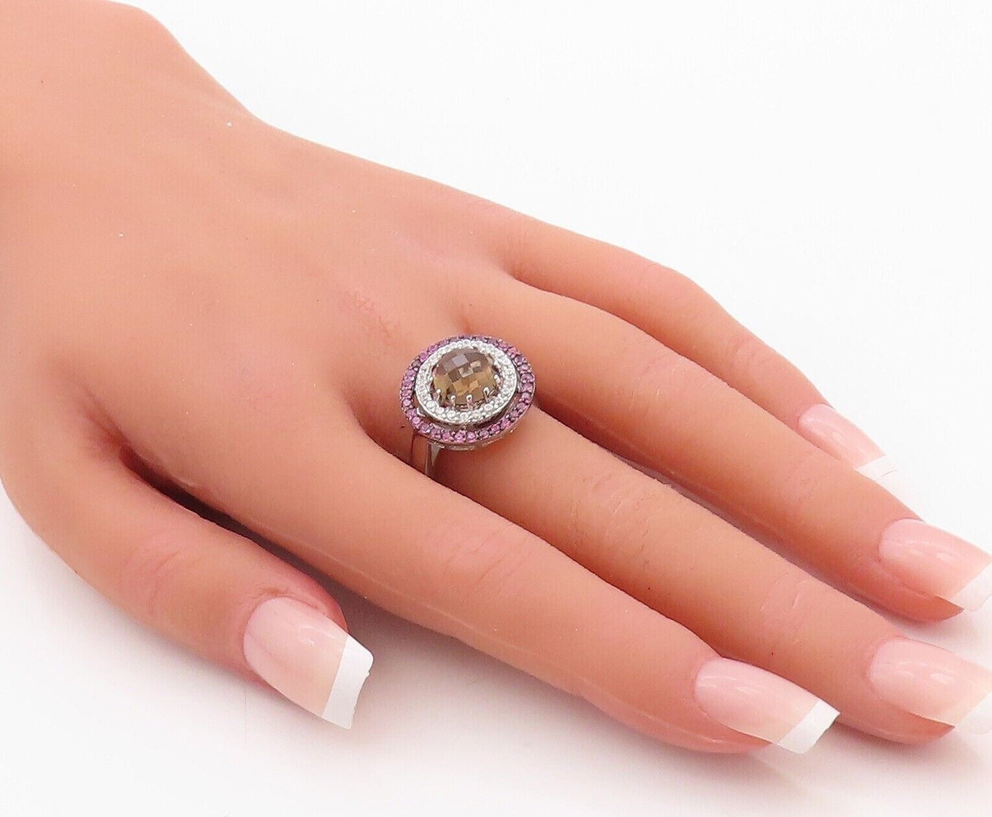 925 Sterling Silver Vintage Ring Smoky Quartz Halo 2 Tone Topaz  Sz 7  RG29992