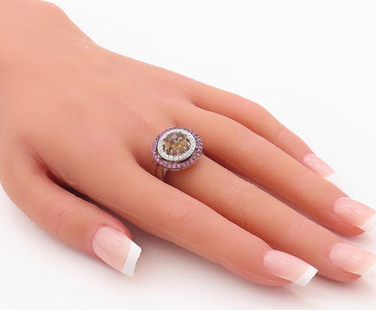 925 Sterling Silver Vintage Ring Smoky Quartz Halo 2 Tone Topaz  Sz 7  RG29992