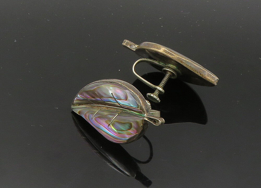 MEXICO 925 Silver  Vintage Abalone Shell Leaf Non Pierce Earrings  EG10260