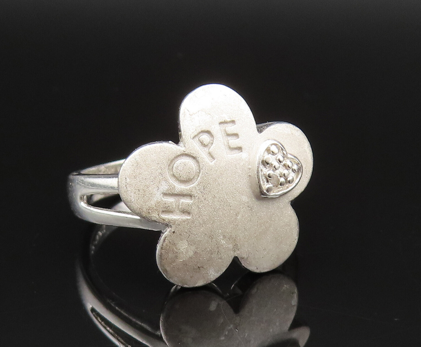925 Silver  Vintage Genuine Diamonds & Engraved HOPE Flower Ring Sz 8  RG25603