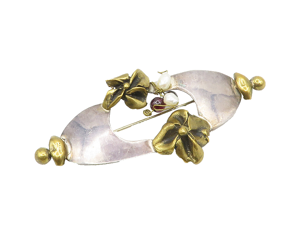 DESIGNER 925 Silver  Vintage Petite Pearls Two Tone Floral Brooch Pin  BP5292