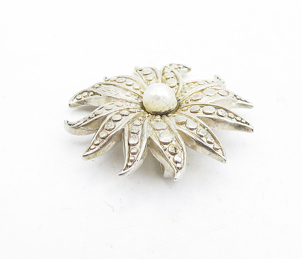 925 Sterling Silver  Vintage Pearl Centered Flower Design Pendant  PT3790