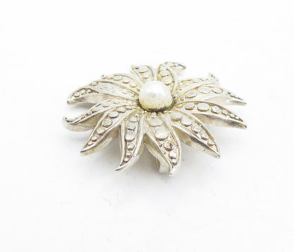 925 Sterling Silver  Vintage Pearl Centered Flower Design Pendant  PT3790