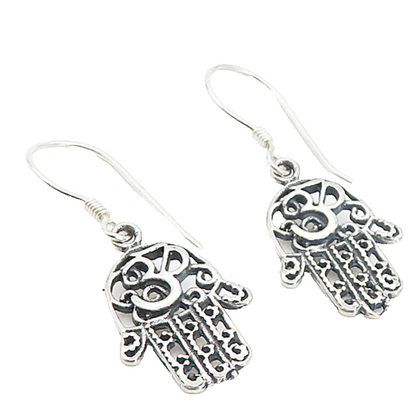 925 Sterling Silver  Vintage Om Spiritual Symbol Hamsa Dangle Earrings  EG3591