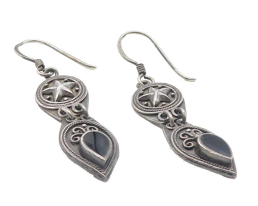 BOMA 925 Sterling Silver  Vintage Black Onyx Star Swirl Dangle Earrings EG6274