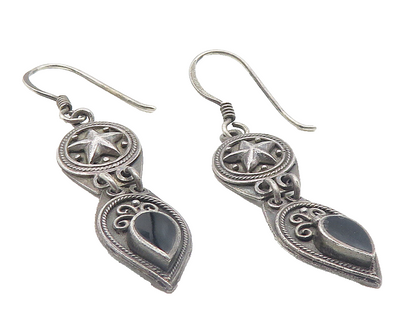 BOMA 925 Sterling Silver  Vintage Black Onyx Star Swirl Dangle Earrings EG6274