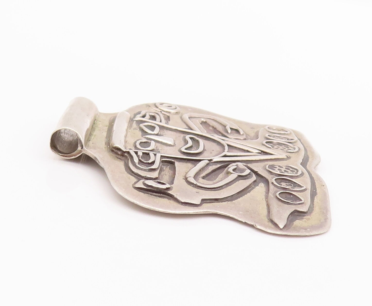 925 Sterling Silver Vintage Pendant Brutalist Carved Joker Man Face  PT22971