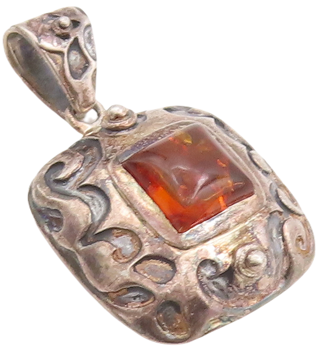 925 Sterling Silver Vintage Pendant Swirly Carved Square Shape Amber  PT23395