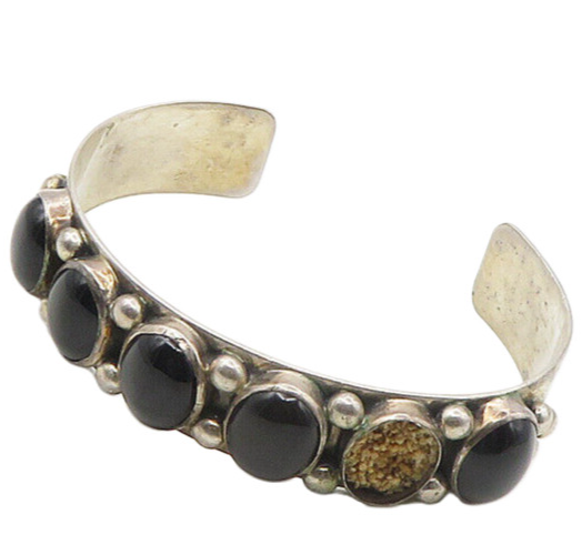 RMC NAVAJO 925 Silver  Vintage Cabochon Cut Black Onyx Cuff Bracelet  BT7144
