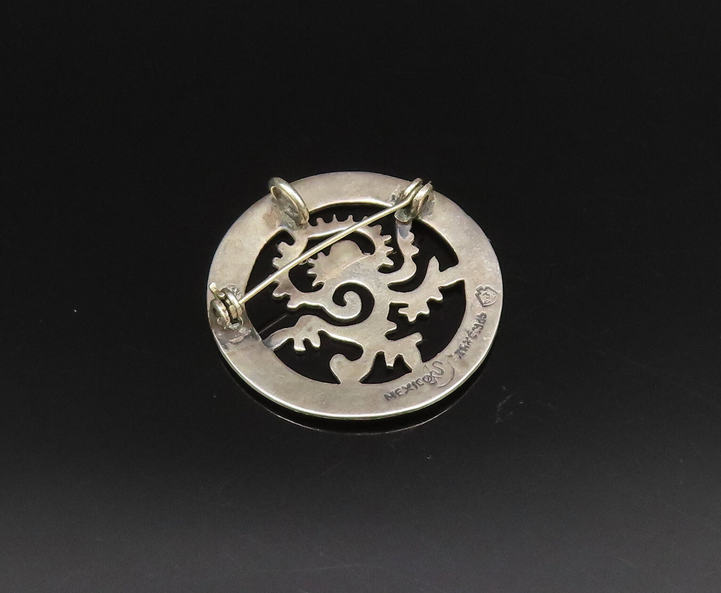 925 Sterling Silver  Vintage Circle Pattern & Dragon Cutout Brooch Pin  BP9898