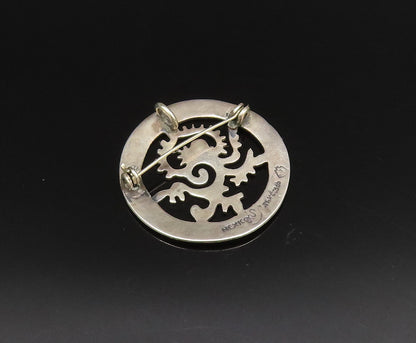 925 Sterling Silver  Vintage Circle Pattern & Dragon Cutout Brooch Pin  BP9898