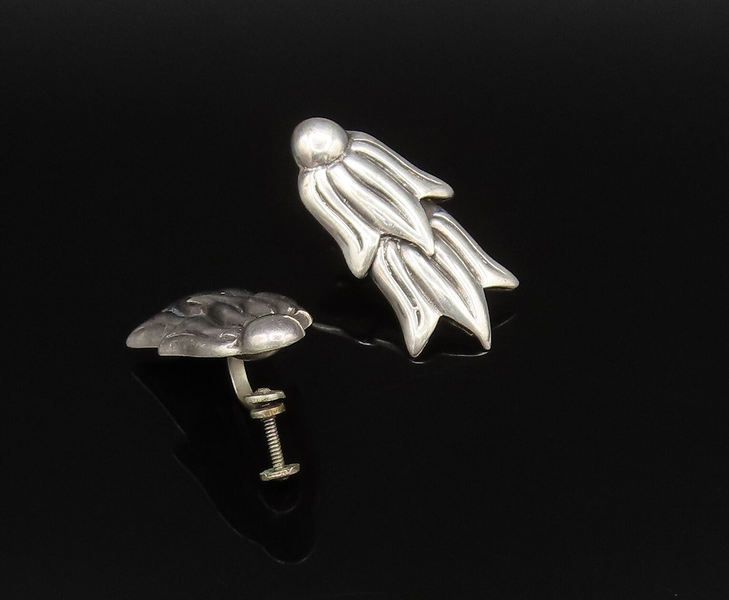 MEXICO 925 Silver  Vintage Double Tulip Flowers Screw Back Earrings  EG12145