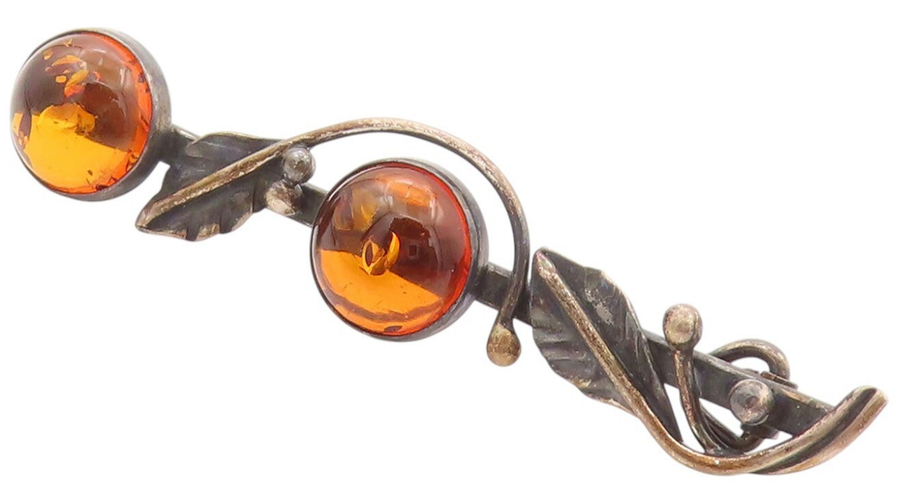 925 Sterling Silver Vintage Brooch Amber Dark Tone Floral Cutout  BP11510