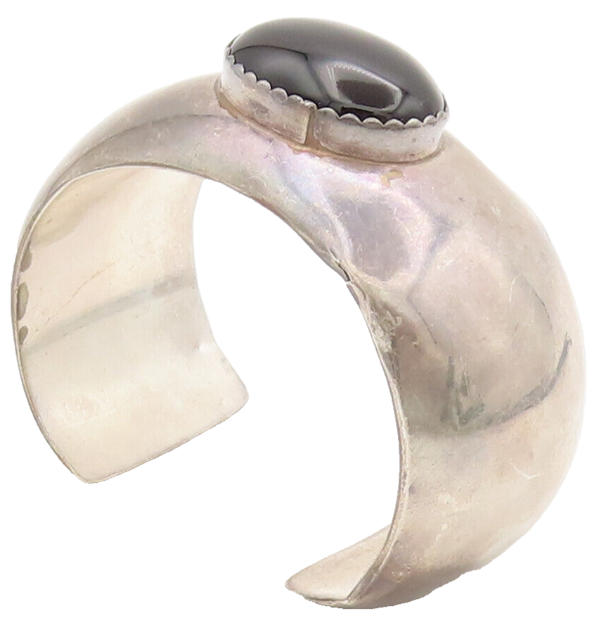 925 Sterling Silver Vintage Bracelet RMJ NAVAJO Solid Large Oval Onyx  BT10261