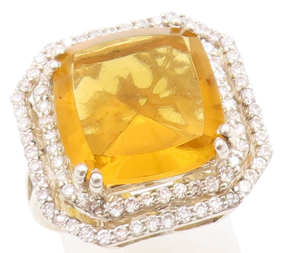 925 Sterling Silver Vintage Ring Square Citrine Halo Topaz  Sz 7  RG32449