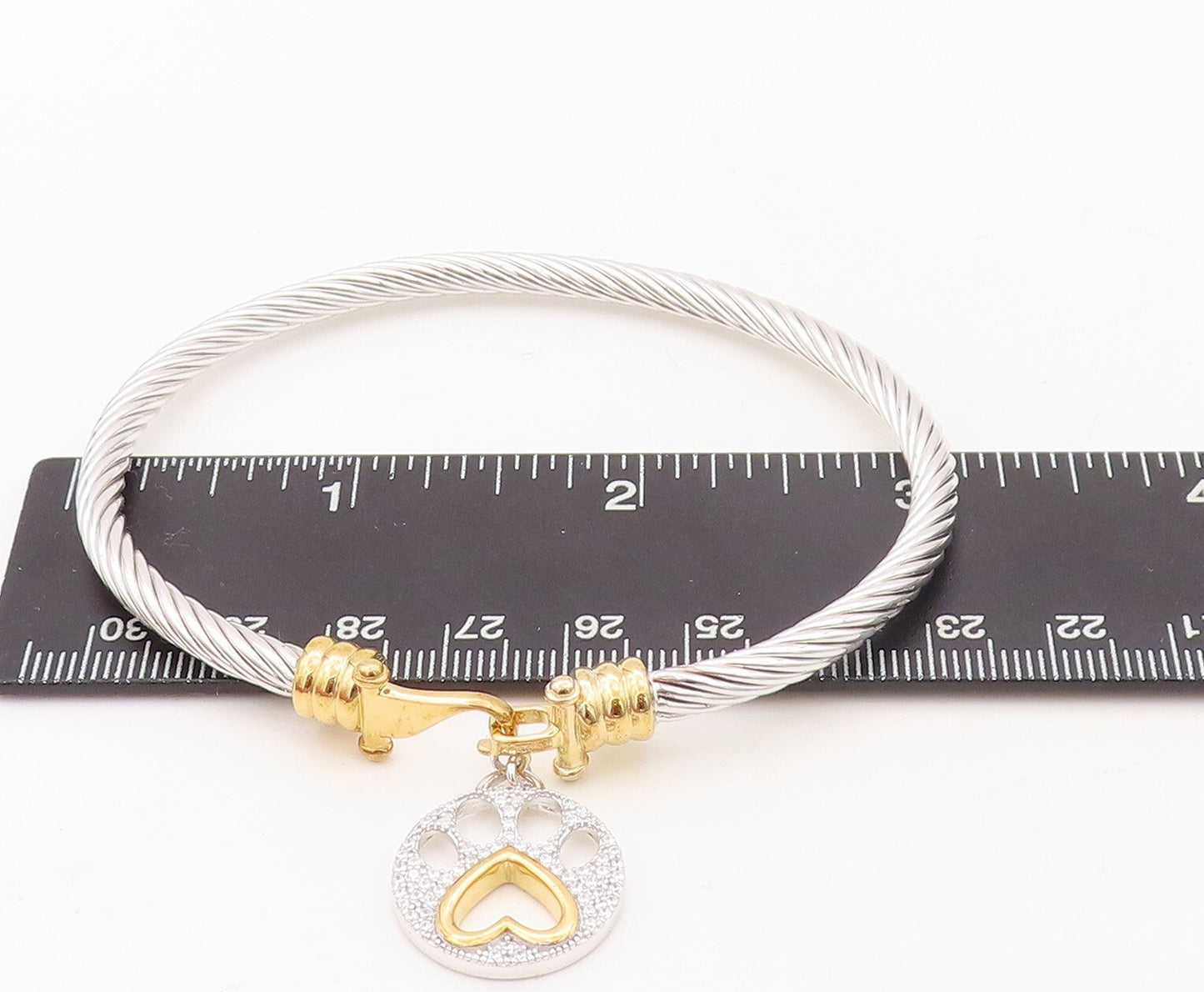 925 Sterling Silver Vintage Bracelet Roped Dangling Paw Carved  Charm  BT10708