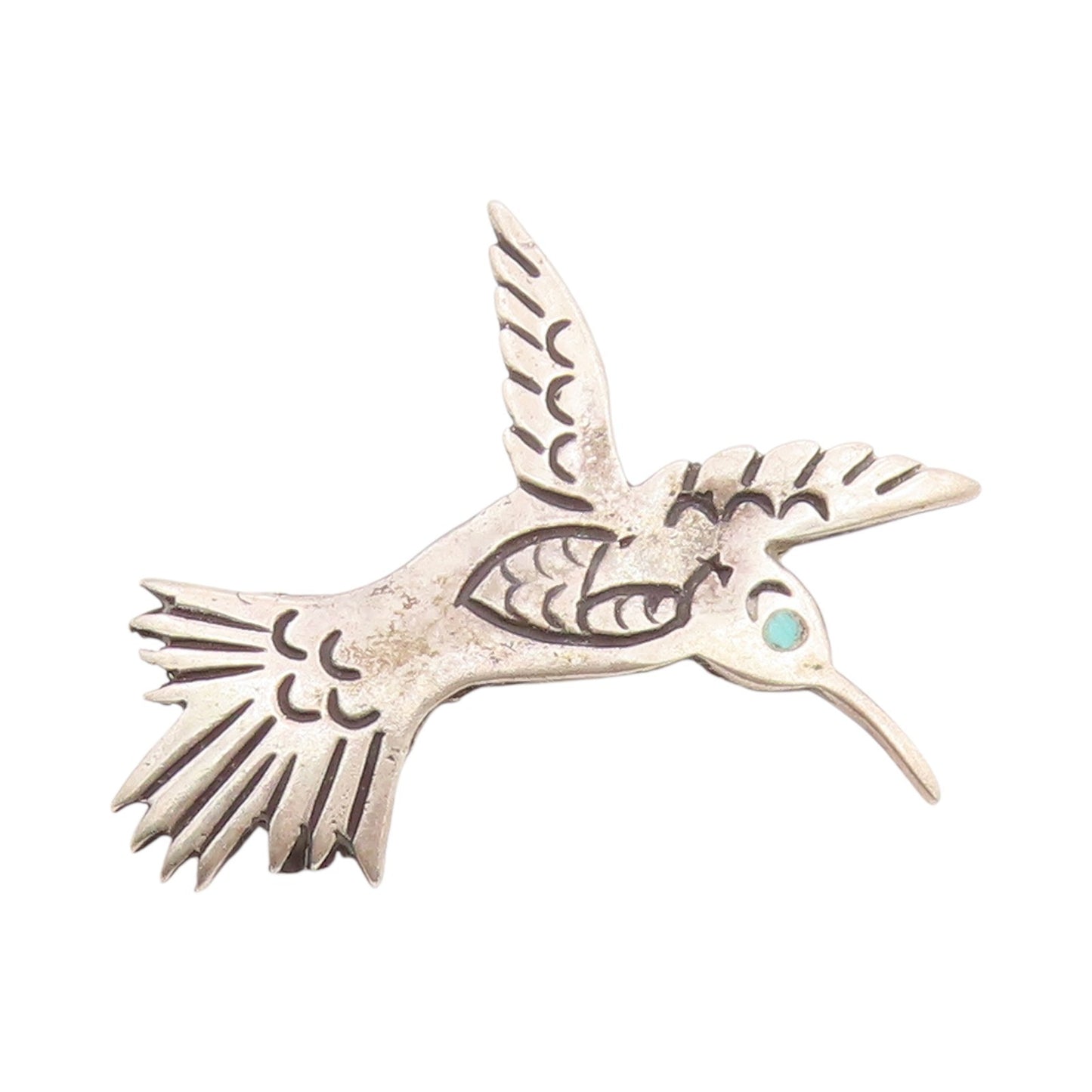 925 Sterling Silver Vintage Brooch Etched Larimar Eyed Humming Bird  BP11725