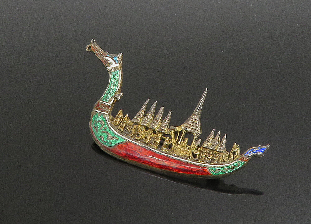 SIAM 925 Sterling Silver  Vintage Enamel Dragon Boat Brooch Pin  BP9057