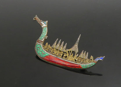 SIAM 925 Sterling Silver  Vintage Enamel Dragon Boat Brooch Pin  BP9057