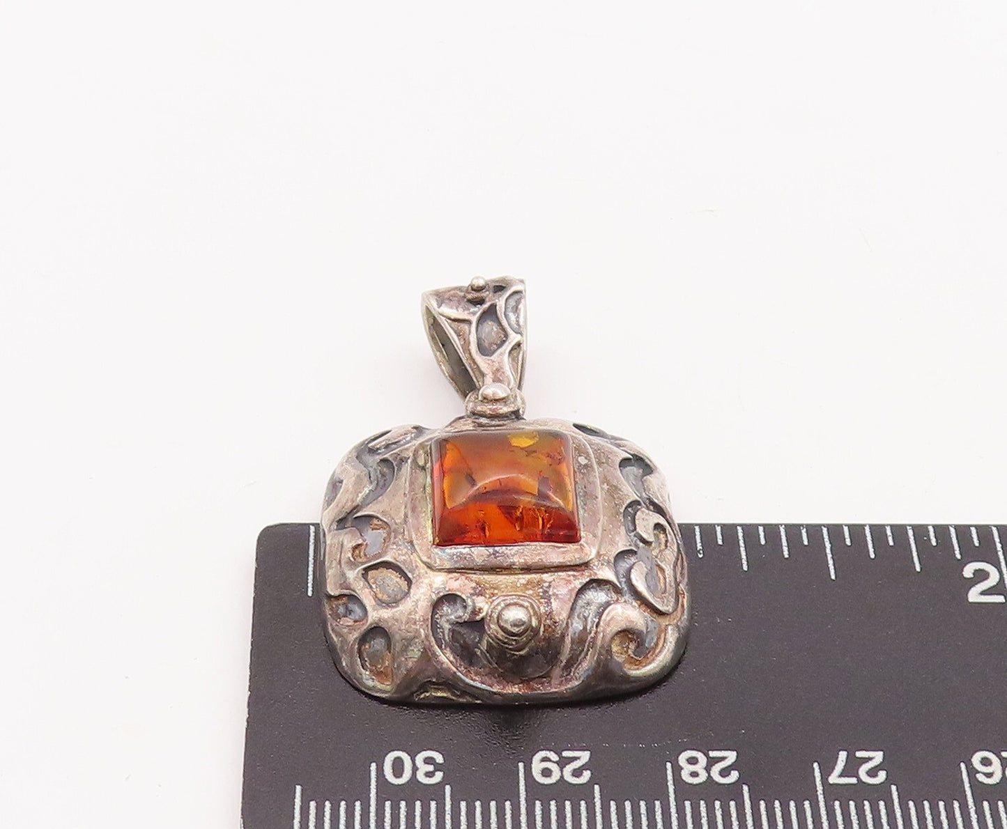925 Sterling Silver Vintage Pendant Swirly Carved Square Shape Amber  PT23395