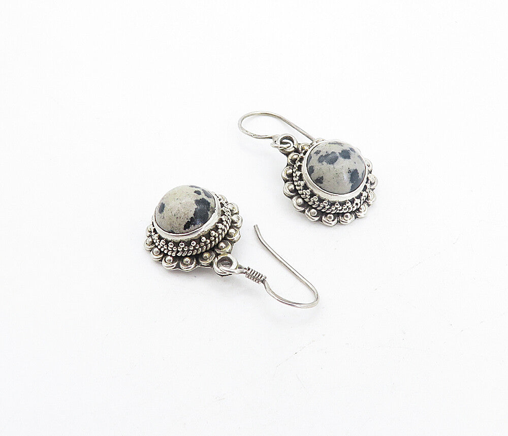 925 Sterling Silver  Vintage Cabochon Cut Spotted Jasper Drop Earrings  EG3436