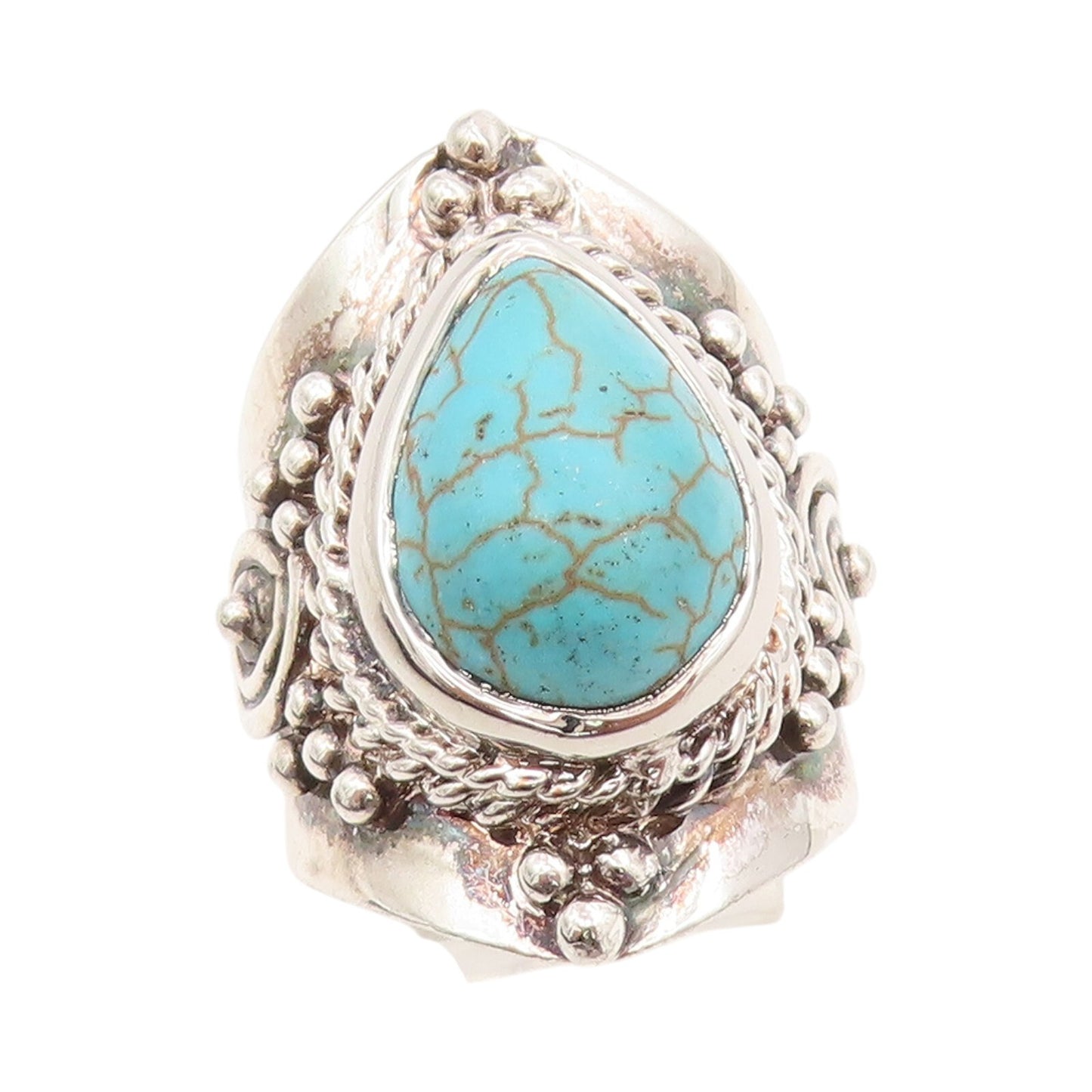 925 Sterling Silver Vintage Ring Carved Drop Shape Turquoise  Sz 9  RG31734