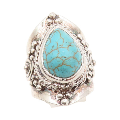 925 Sterling Silver Vintage Ring Carved Drop Shape Turquoise  Sz 9  RG31734