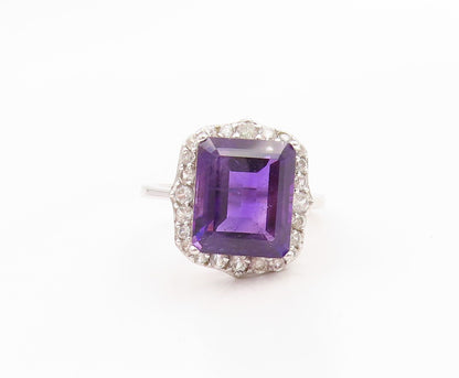 925 Sterling Silver Vintage Ring Elegant Amethyst & Halo CZ Band  Sz 8  RG35676
