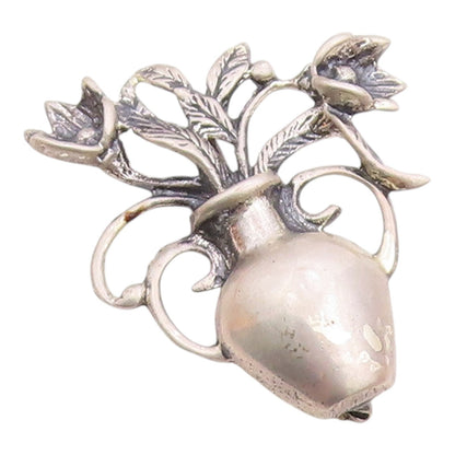 925 Sterling Silver  Vintage Oxidized Vase Of Flower Motif Brooch Pin  BP6324