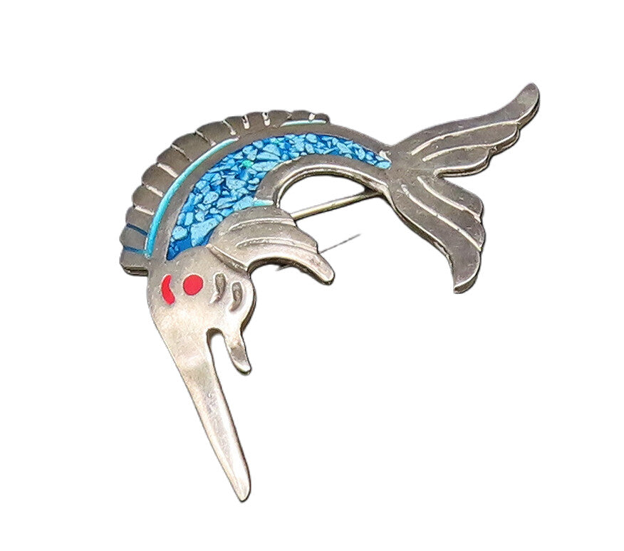 EVC MEXICO 925 Silver  Vintage Enamel & Turquoise Swordfish Brooch Pin  BP9990